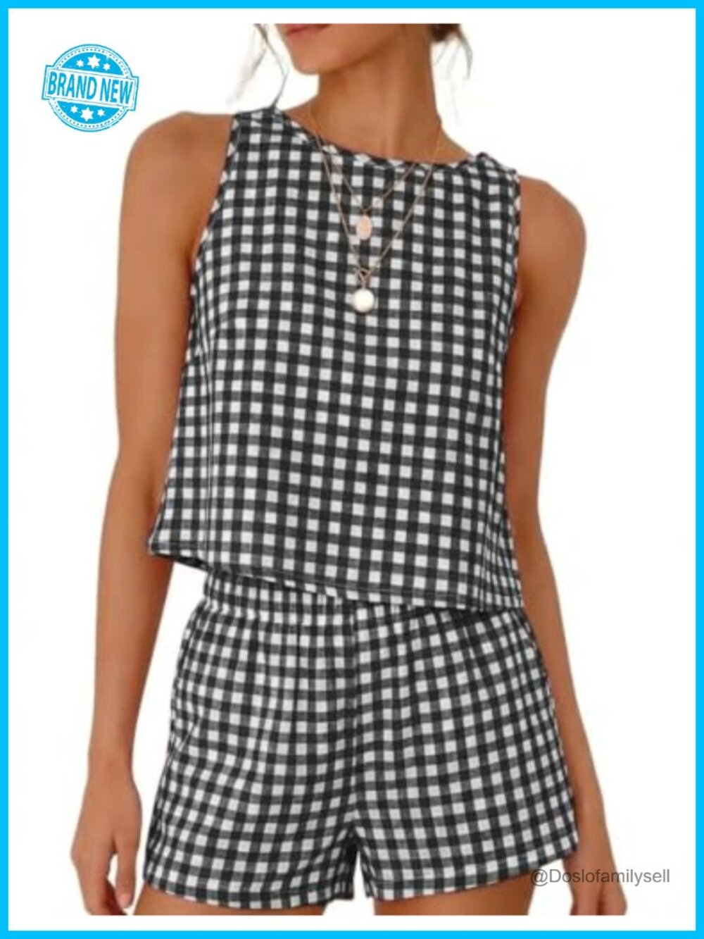 Women's Cotton Gingham Tank Top & Plaid Shorts Two Piece Set Summer Beach